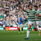 GLASGOW, SCOTLAND - MAY 01: Jota of Celtic celebrates scoring their side's first goal during the Cinch Scottish Premiership match between Celtic  and Rangers at Celtic Park on May 01, 2022 in Glasgow, Scotland. (Photo by Ian MacNicol/Getty Images)