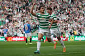 GLASGOW, SCOTLAND - MAY 01: Jota of Celtic celebrates scoring their side's first goal during the Cinch Scottish Premiership match between Celtic  and Rangers at Celtic Park on May 01, 2022 in Glasgow, Scotland. (Photo by Ian MacNicol/Getty Images)