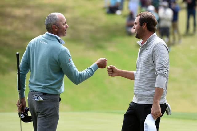 Scottie Scheffler fist bumps Matt Kuchar after winning their match to make the final of the World Golf Championships-Dell Technologies Match Play at Austin Country Club in Texas. Picture: Steve Dykes/Getty Images.