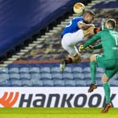 Rangers' Kemar Roofe catches Slavia's Ondrej Kolar and is sent off during the UEFA Europa League Round of 16 2nd Leg match between Rangers FC and Slavia Prague at Ibrox Stadium on March 18, 2021, in Glasgow, Scotland.  (Photo by Alan Harvey / SNS Group)