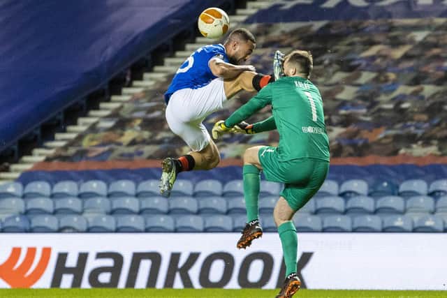 Rangers' Kemar Roofe catches Slavia's Ondrej Kolar and is sent off during the UEFA Europa League Round of 16 2nd Leg match between Rangers FC and Slavia Prague at Ibrox Stadium on March 18, 2021, in Glasgow, Scotland. (Photo by Alan Harvey / SNS Group)
