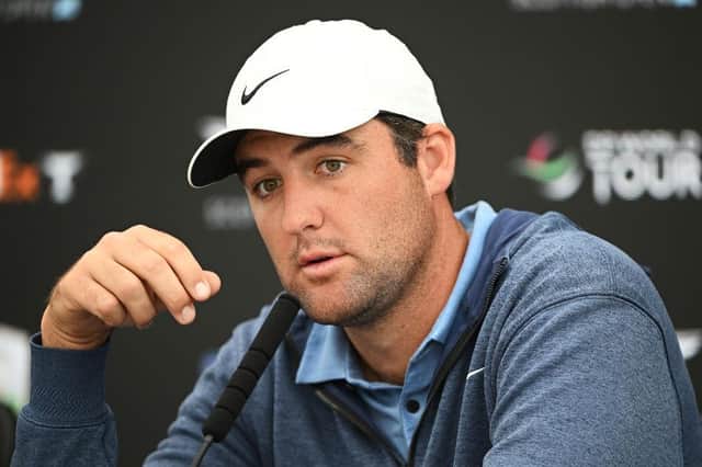 Scottie Scheffler talks to the media during a press conference prior to the Genesis Scottish Open at The Renaissance Club in East Lothian. Picture: Octavio Passos/Getty Images.