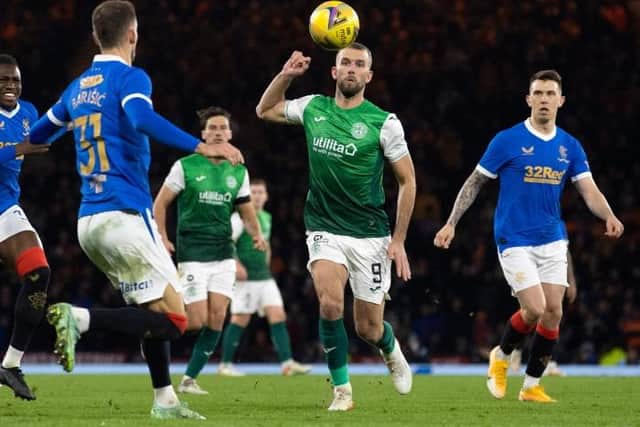 Christian Doidge in action for Hibs in one their four meetings with Rangers last season. (Photo by Alan Harvey / SNS Group)