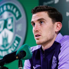Paul Hanlon during a Hibernian press conference at HTC, on October 27, 2023, in Edinburgh, Scotland. (Photo by Ross Parker / SNS Group)