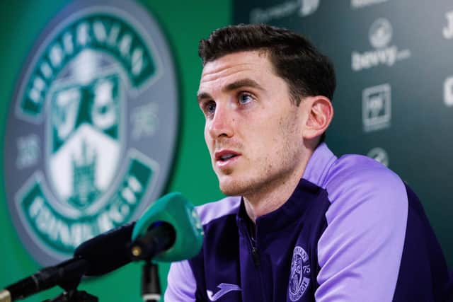 Paul Hanlon during a Hibernian press conference at HTC, on October 27, 2023, in Edinburgh, Scotland. (Photo by Ross Parker / SNS Group)