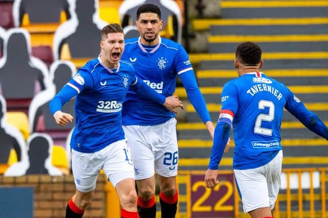 Cedric Itten celebrates his equaliser for Rangers as they maintained their unbeaten Premiership record in the 1-1 draw against Motherwell at Fir Park. (Photo by Craig Williamson / SNS Group)