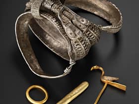 Silver arm rings and gold items, including a bird pin, found among the hoard which contains around 100 objects in total. PIC: NMS.