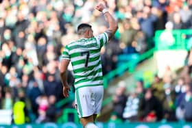 Celtic's Giorgios Giakoumakis celebrates during the Cinch Premiership match between Celtic and Dundee. (Photo by Craig Williamson / SNS Group)