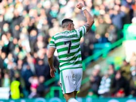 Celtic's Giorgios Giakoumakis celebrates during the Cinch Premiership match between Celtic and Dundee. (Photo by Craig Williamson / SNS Group)