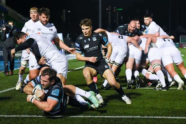 Glasgow's Fraser Brown scores his side's fifth try during the win over Ospreys at Scotstoun (Photo by Ross MacDonald / SNS Group)
