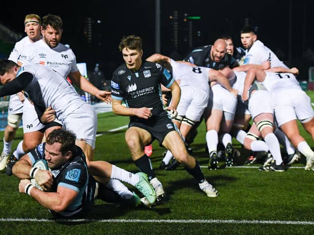 Glasgow's Fraser Brown scores his side's fifth try during the win over Ospreys at Scotstoun (Photo by Ross MacDonald / SNS Group)
