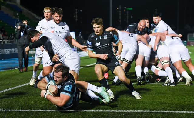Glasgow's Fraser Brown scores his side's fifth try during the win over Ospreys at Scotstoun (Photo by Ross MacDonald / SNS Group)