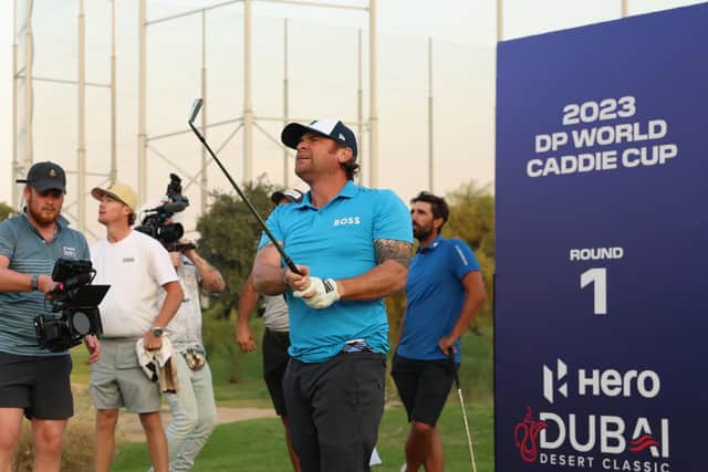 Scot Steve Pettit, who works for Sean Crocker, was among the 32 participants in the DP World Caddie Cup prior to the Hero Dubai Desert Classic at Emirates Golf Club. Picture: Luke Walker/Getty Images.