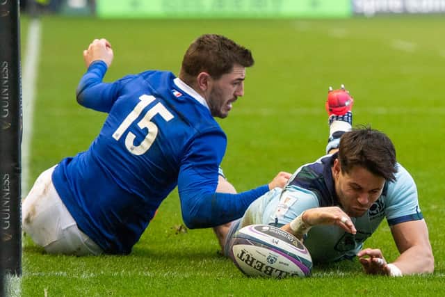 Scotland's Sean Maitland scores against France in the 2020 Six Nations at BT Murrayfield.