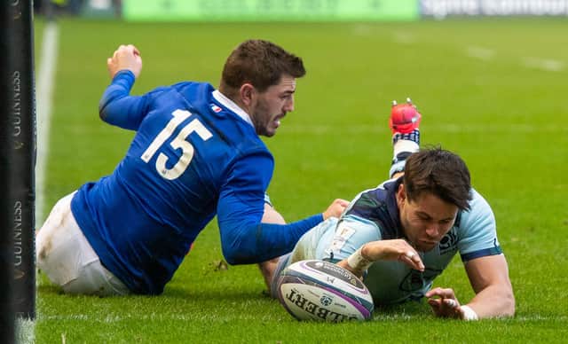 Scotland's Sean Maitland scores against France in the 2020 Six Nations at BT Murrayfield.