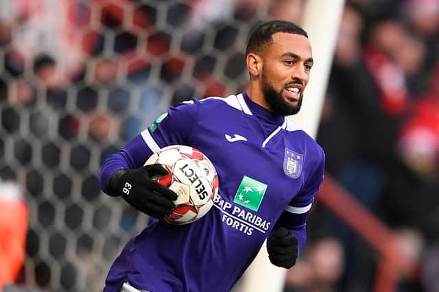 Kemar Roofe, pictured after scoring for Anderlecht against Standard Liege last season, has signed a four year contract with Rangers. (Photo by YORICK JANSENS/BELGA MAG/AFP via Getty Images)