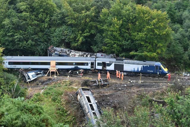 The driver's cab and front section of the High Speed Train in the Carmont crash is in the bottom right of the picture, partially concealed by undergrowth. (Photo by John Devlin)
