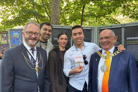 Jules Chan and the Lord Provost of Edinburgh celebrating his performance of English Ako at Edinburgh Festival Fringe