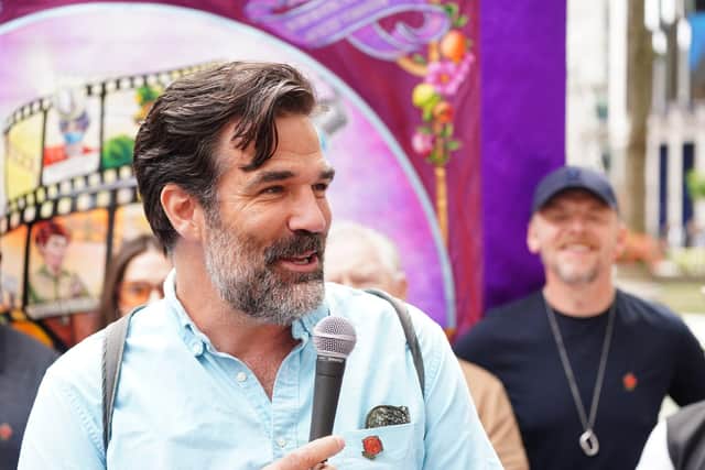 Rob Delaney takes part in a protest by members of the British actors union Equity in Leicester Square, London, in July, in solidarity with striking Hollywood members of the Screen Actors Guild - American Federation of Television and Radio Artists (Sag-Aftra). Pic: Ian West/PA Wire