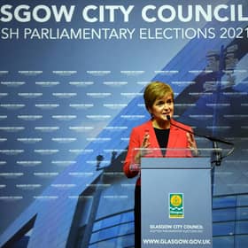 Nicola Sturgeon gives her acceptance speech after being declared the winner of the Glasgow Southside seat at Glasgow counting centre in the Emirates Arena in Glasgow on May 7 during counting for the Scottish parliament elections. (Photo by Andy Buchanan / AFP)