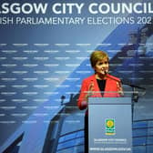 Nicola Sturgeon gives her acceptance speech after being declared the winner of the Glasgow Southside seat at Glasgow counting centre in the Emirates Arena in Glasgow on May 7 during counting for the Scottish parliament elections. (Photo by Andy Buchanan / AFP)