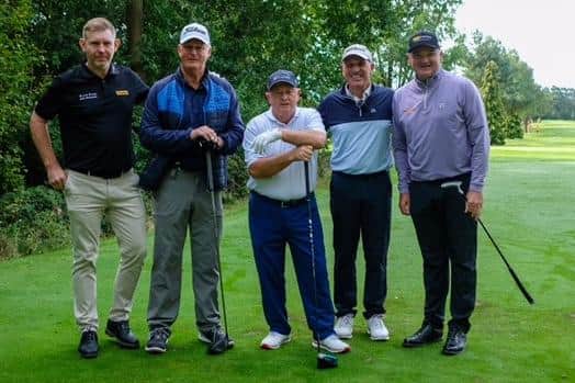 Stephen Gallacher, Sandy Lyle, Ian Woosnam, referee Bill Longmuir and Paul Lawrie at Bothwell Castle's centenary exhibition match. Picture: Bothwell Castle Golf Club