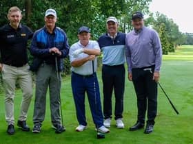 Stephen Gallacher, Sandy Lyle, Ian Woosnam, referee Bill Longmuir and Paul Lawrie at Bothwell Castle's centenary exhibition match. Picture: Bothwell Castle Golf Club