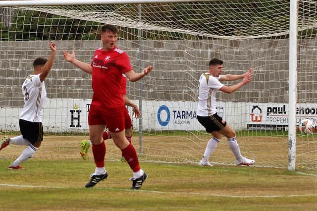 Formartine's Mark Gallagher scores the opener. (Photo courtesy of Ian Rennie)