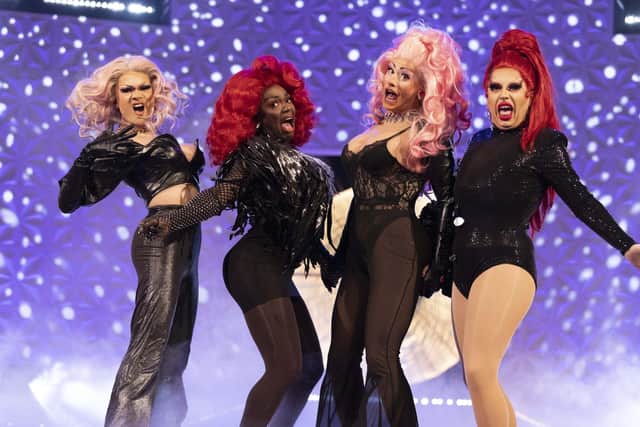 RuPaul's Drag Race UK Series Three: River Medway, Vanity Milan, Ella Vaday, Choriza May. (Photo credit: BBC/World of Wonder/Guy Levy)