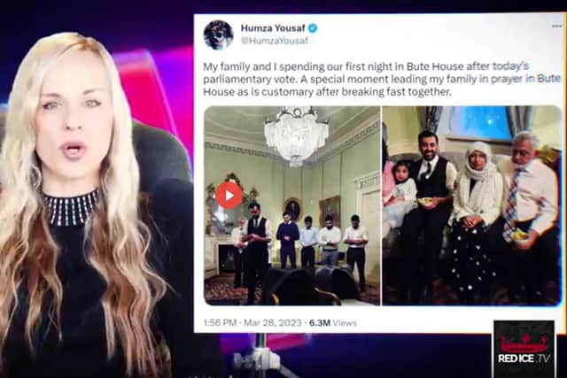 A screenshot from one of the Red Ice videos uploaded to BitChute, in which white nationalist broadcadter Lana Lokteff describes Humza Yousaf and his family as "enjoying the fruits of a white society." Picture: BitChute