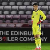 Scotland U-21 keeper Cieran Slicker was a dejected man after conceding the only goal of the match in the European Championship qualifier against Denmark.  Photo by Craig Foy / SNS Group