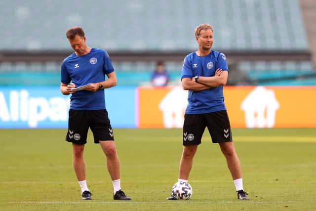 Morten Wieghorst, left, surveys a Denmark training session in Baku with head coach Kasper Hjulmand during Euro 2020 (Photo by Naomi Baker/Getty Images)