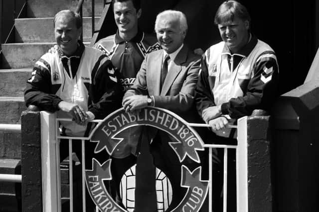 Falkirk's Billy Brown (asst manager), Simon Stainrod, David Holmes (director) and Jim Jefferies (manager) at the start of the 1991/92 season