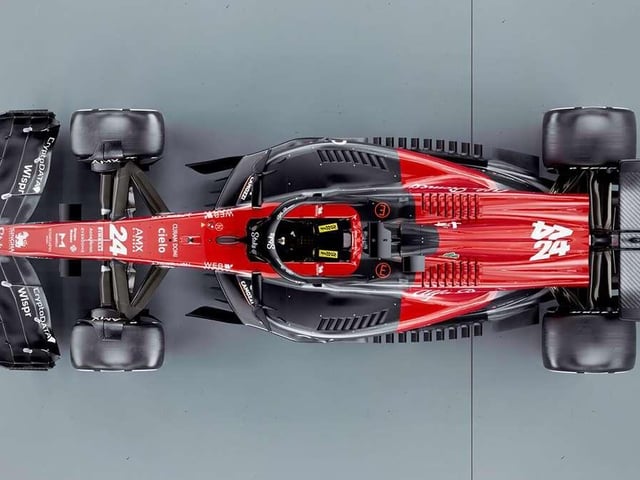 Another view of the new Alpha Romeo car at its launch. There's a big change for the livery this year - favouring a black base cover over the white of 2022.