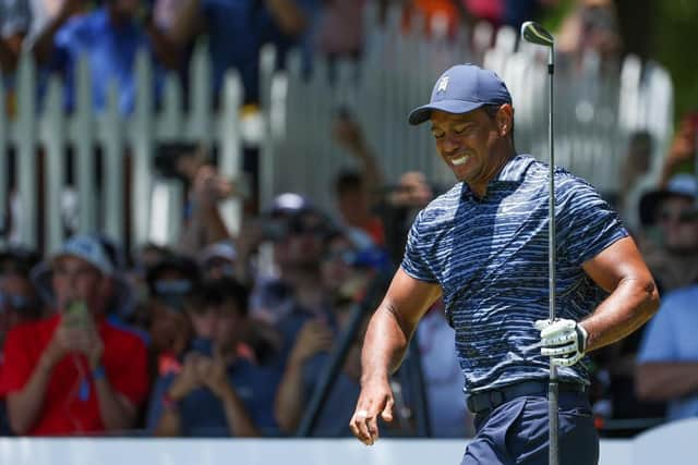 Tiger Woods grimaces during the first round of the 2022 PGA Championship at Southern Hills Country Club in Tulsa, Oklahoma. Picture: Christian Petersen/Getty Images.