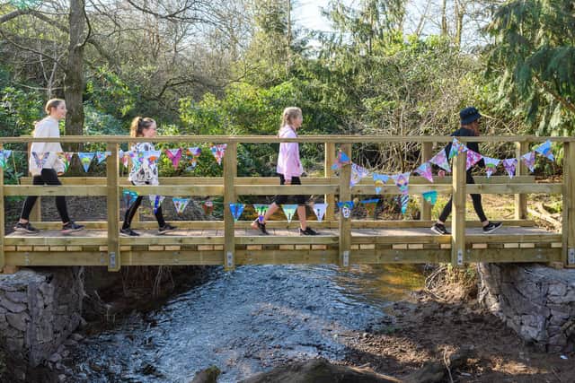 Lily, Maria, Poppy and Lucy from Blackwood Primary School test out a new bridge at Loch Wood during the official opening event. Picture: Ian Georgeson