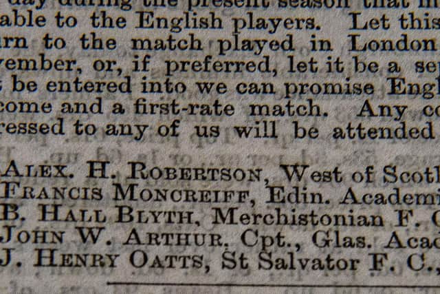 The letter from The Scotsman on December 8, 1870 inviting footballers from England to participate in a match played by the "Rugby Rules". Picture: Lisa Ferguson