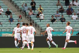 Denmark celebrate Thomas Delaney's opener against Czech Republic.