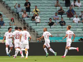 Denmark celebrate Thomas Delaney's opener against Czech Republic.