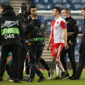 Rangers manager Steven Gerrard confronts Slavia Prague's Ondrej Kudela  after his racial abuse of Glen Kamara in the clubs' Europa League last 16 tie in March. (Photo by Alan Harvey / SNS Group)