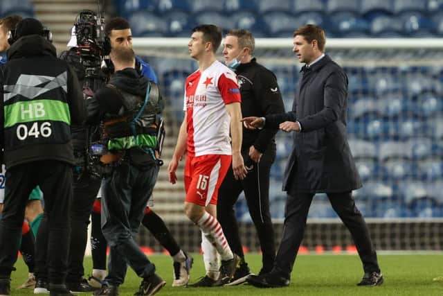 Rangers manager Steven Gerrard confronts Slavia Prague's Ondrej Kudela after his racial abuse of Glen Kamara in the clubs' Europa League last 16 tie in March. (Photo by Alan Harvey / SNS Group)