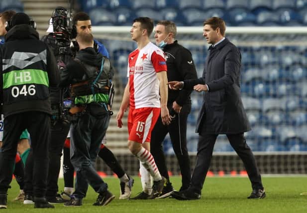 Rangers manager Steven Gerrard confronts Slavia Prague's Ondrej Kudela  after his racial abuse of Glen Kamara in the clubs' Europa League last 16 tie in March. (Photo by Alan Harvey / SNS Group)