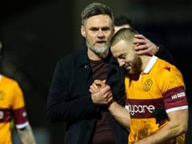 Motherwell manager Graham Alexander with Allan Campbell at full-time during a Scottish Premiership match between Ross County and Motherwell. (Photo by Alan Harvey / SNS Group)