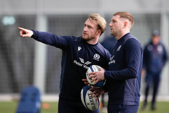 Stuart Hogg (left) and Finn Russell during a Scotland training session at the Oriam on Wednesday. (Photo by Craig Williamson / SNS Group)