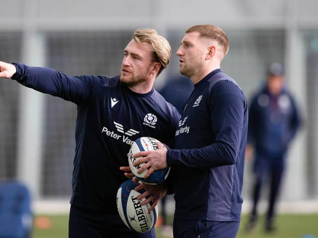 Stuart Hogg (left) and Finn Russell during a Scotland training session at the Oriam on Wednesday. (Photo by Craig Williamson / SNS Group)