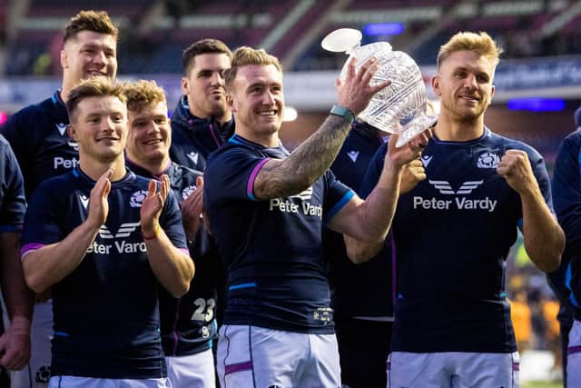 Scotland captain Stuart Hogg lifts the Hopetoun Cup following the win over Australia. (Photo by Ross Parker / SNS Group)