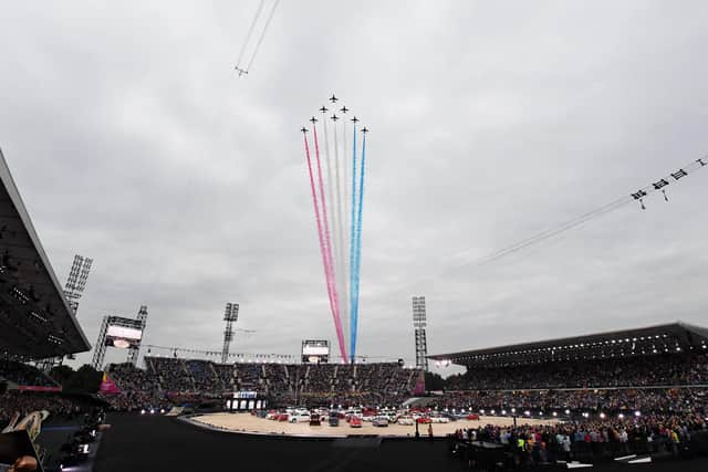 The RAF Red Arrows perform a flypast during the Opening Ceremony of the Birmingham 2022 Commonwealth Games
