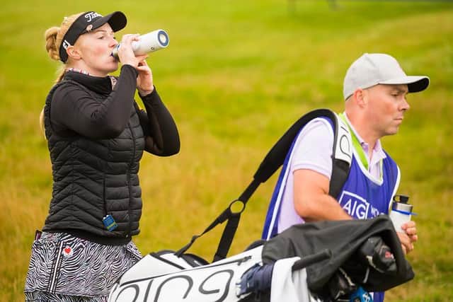 Kylie Henry takes a drink of water during her opening round in the AIG Women's Open at Carnoustie. Picture: Tristan Jones