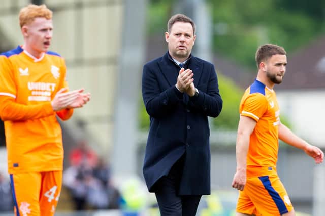 Rangers manager Michael Beale applauds fans at full time after overcoming St Mirren.