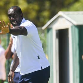 Jimmy Floyd Hasselbaink issues instructions to his team during their 4-2 pre-season friendly defeat by Hibs in the Algarve